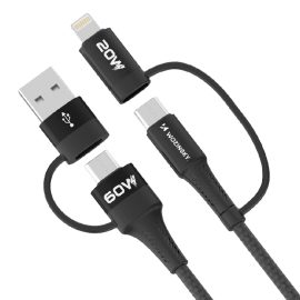 4w1 Uniwersalny kabel przewód 2x USB-C 1x USB-A 1x Lightning 60W 1m czarny