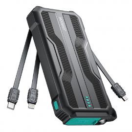 Pancerny powerbank 10000mAh outdoor z kablami USB-C microUSB Lightning i latarką - czarny